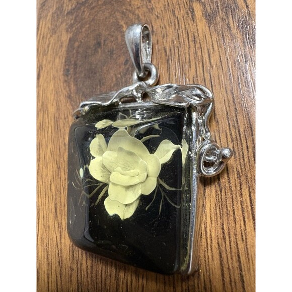 Vintage White Rose Pendant Glass For Necklace Rectangle Silver Tone - Picture 3 of 8